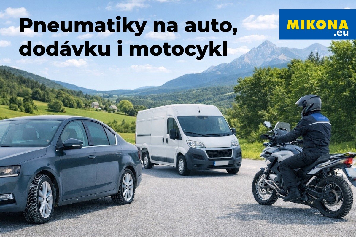 Osobní auto, dodávka a motocykl na letní silnici v horské krajině – ilustrační foto k nabídce pneumatik pro auto, dodávku i motocykl na Mikona.eu